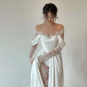Oklulu Off Shoulder Lace Wedding Gowns Big Size Custom Made A Line Long Sleeves